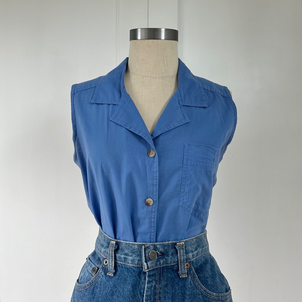 Vintage 90s Karen Scott Blue Sleeveless Button Front Camp Shirt Blouse M/L